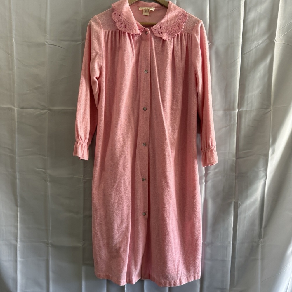 Elizabeth Blair Long‎ Housecoat M Vintage 80s Pink Robe Full Snap Granny Pjs USA